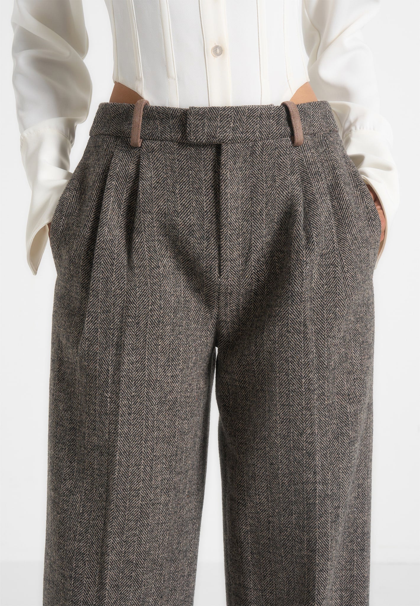 Julie - Herringbone Wool Twin Pleat Trousers - Grey