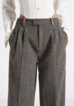 Julie - Herringbone Wool Twin Pleat Trousers - Grey