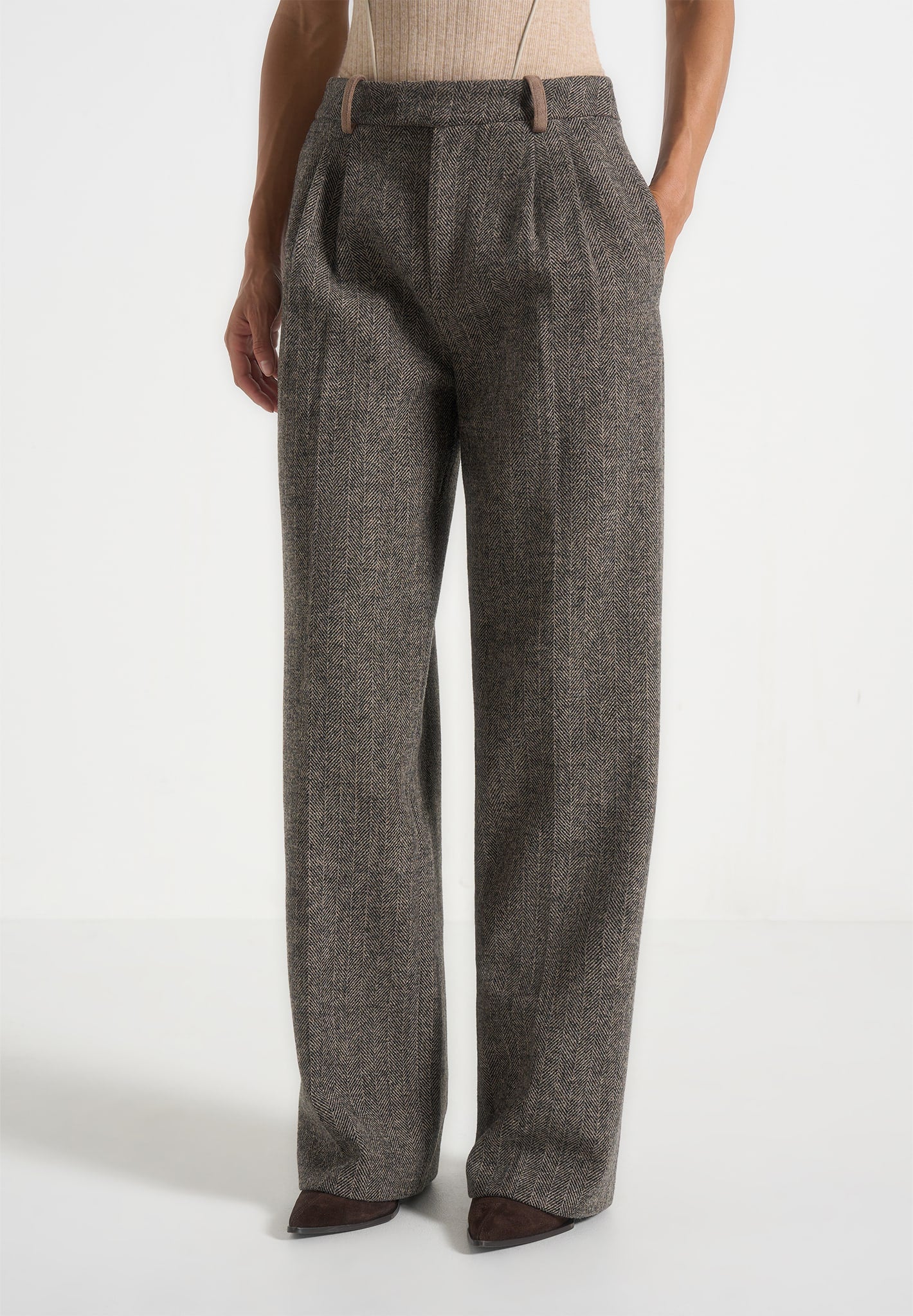 Julie - Herringbone Wool Twin Pleat Trousers - Grey 