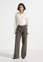 Julie - Herringbone Wool Twin Pleat Trousers - Grey