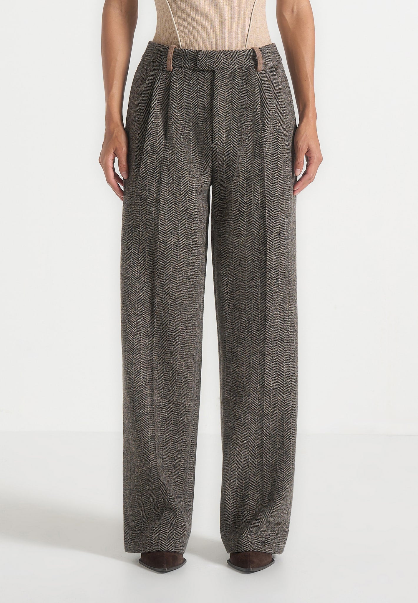 Julie - Herringbone Wool Twin Pleat Trousers - Grey