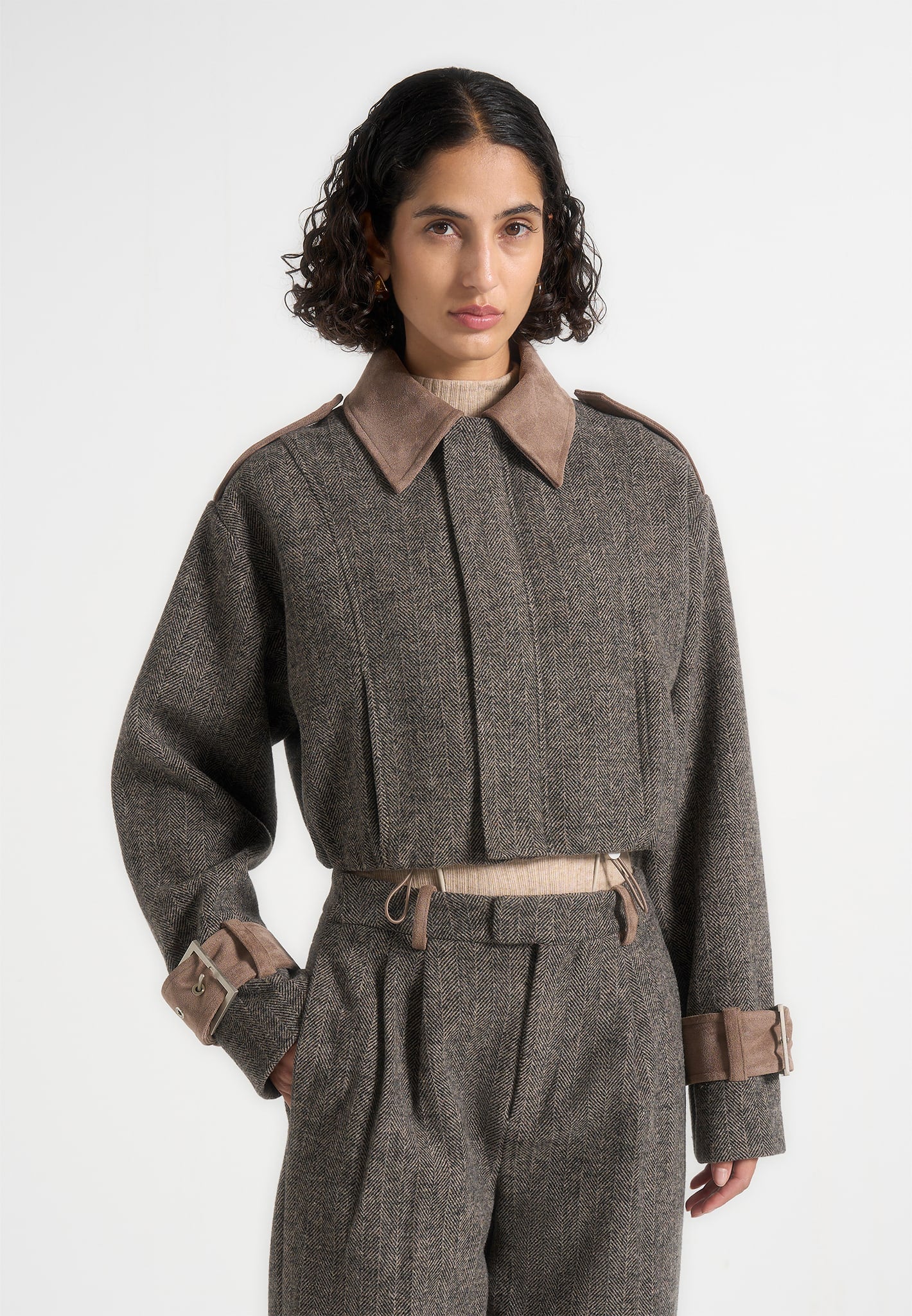 Galia - Herringbone and Suede Bungee Hem Jacket - Grey 