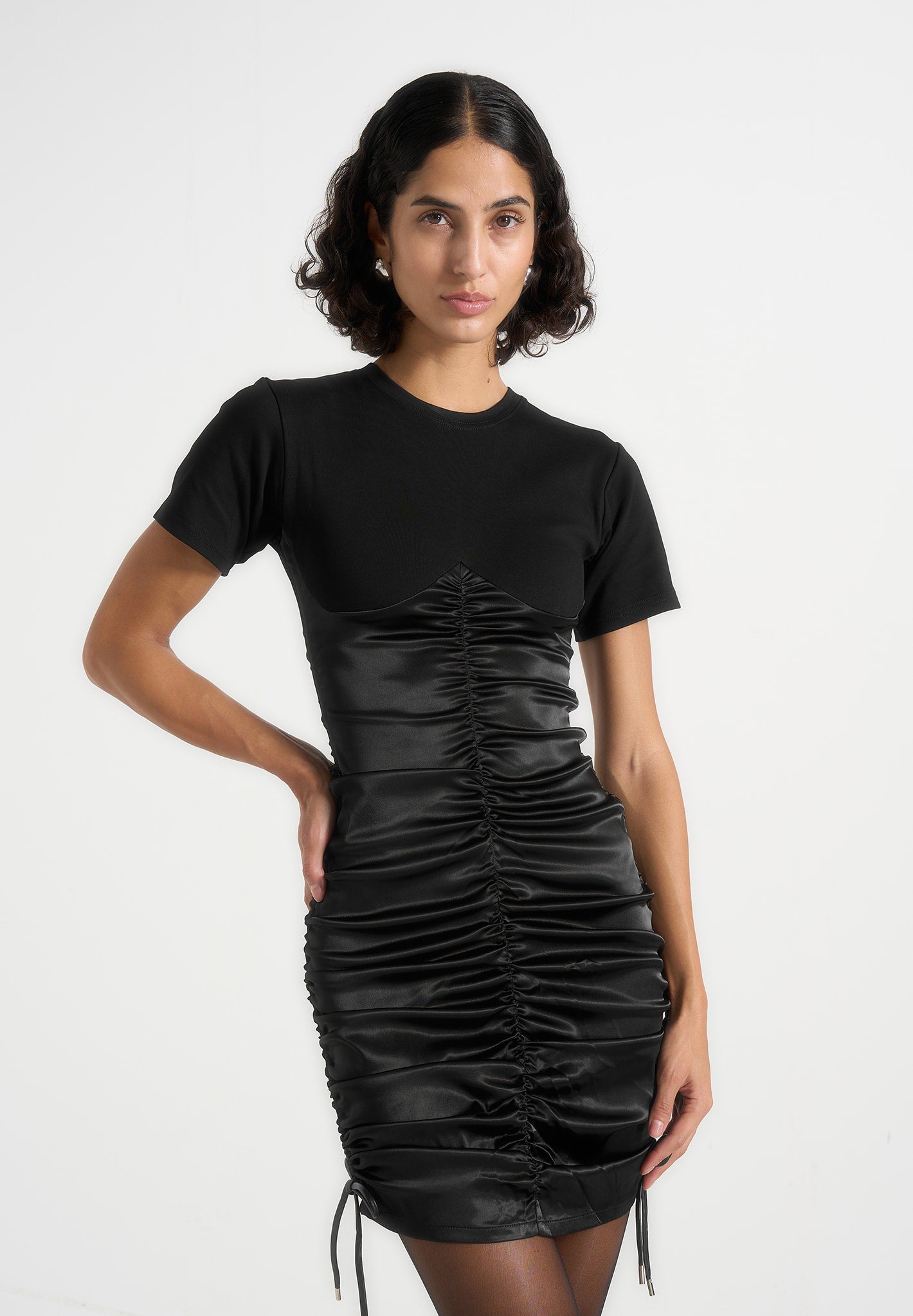 ruched-satin-t-shirt-dress-black