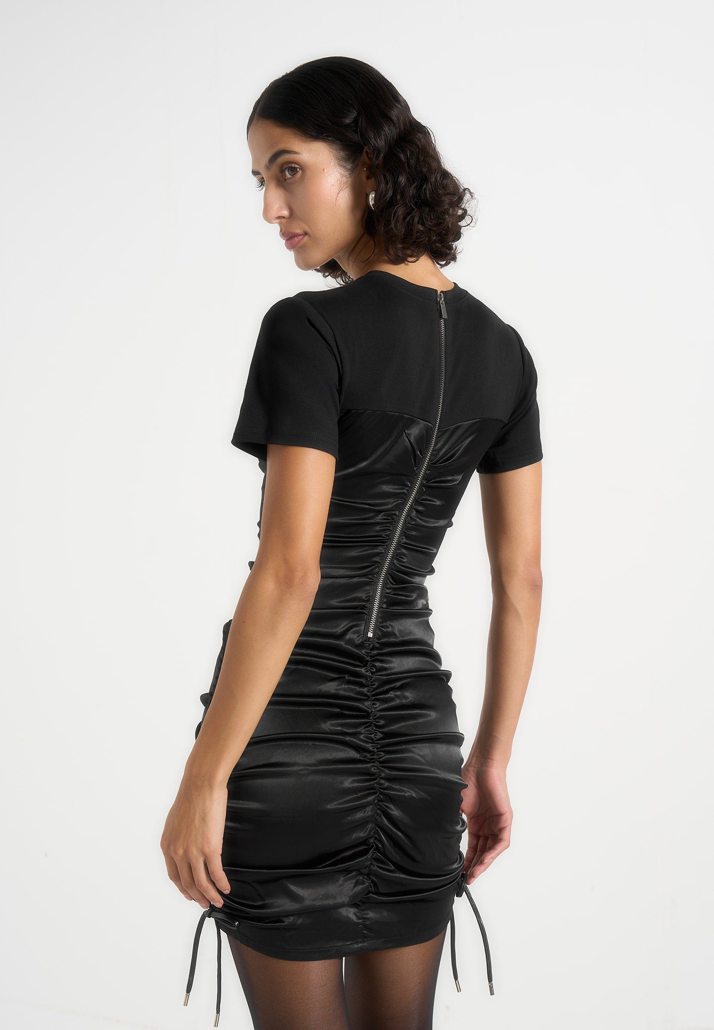 ruched-satin-t-shirt-dress-black