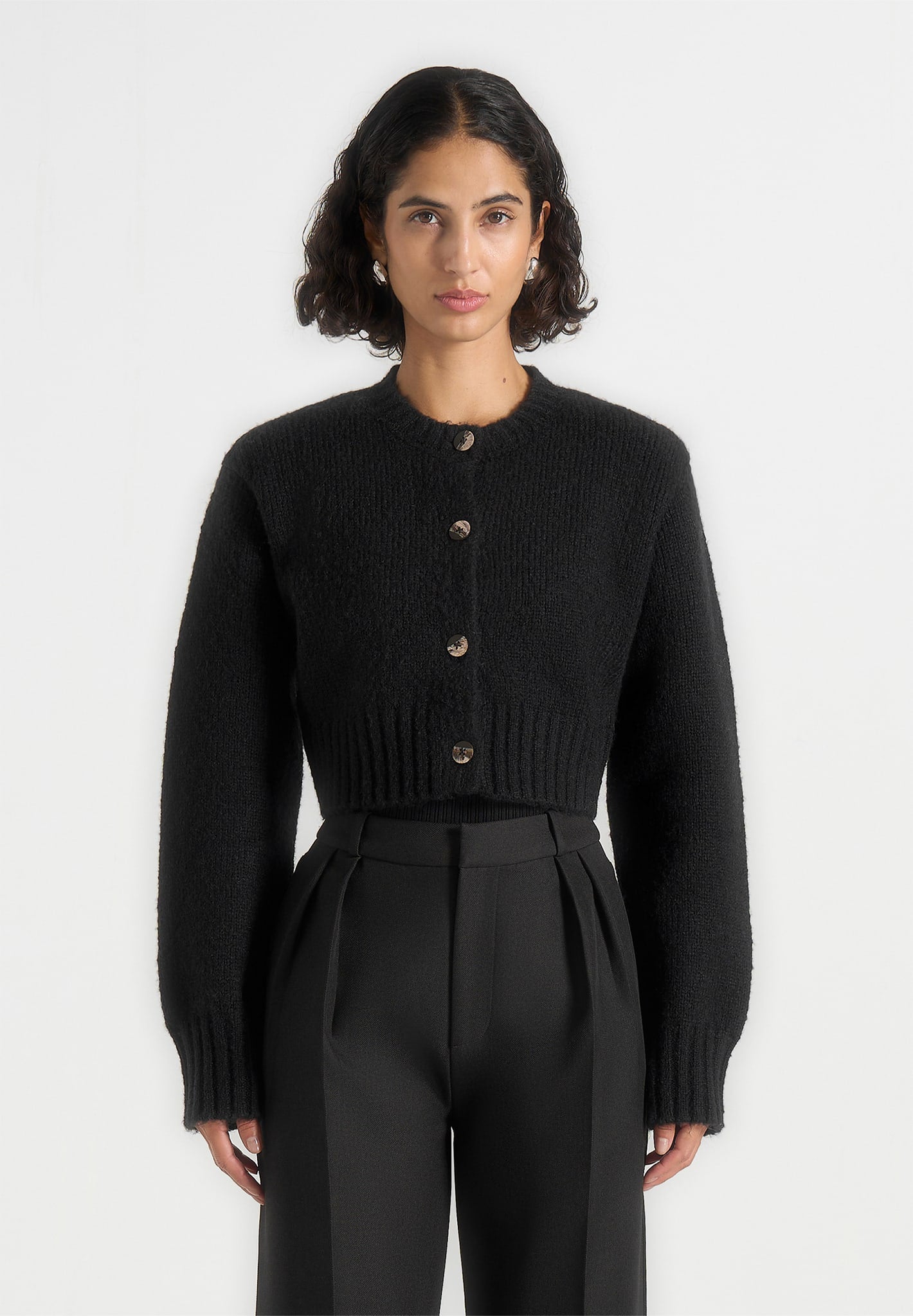 Caren - Brushed Wool Knit Cardigan - Black