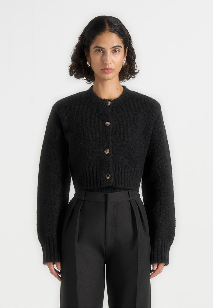 Caren - Brushed Wool Knit Cardigan - Black