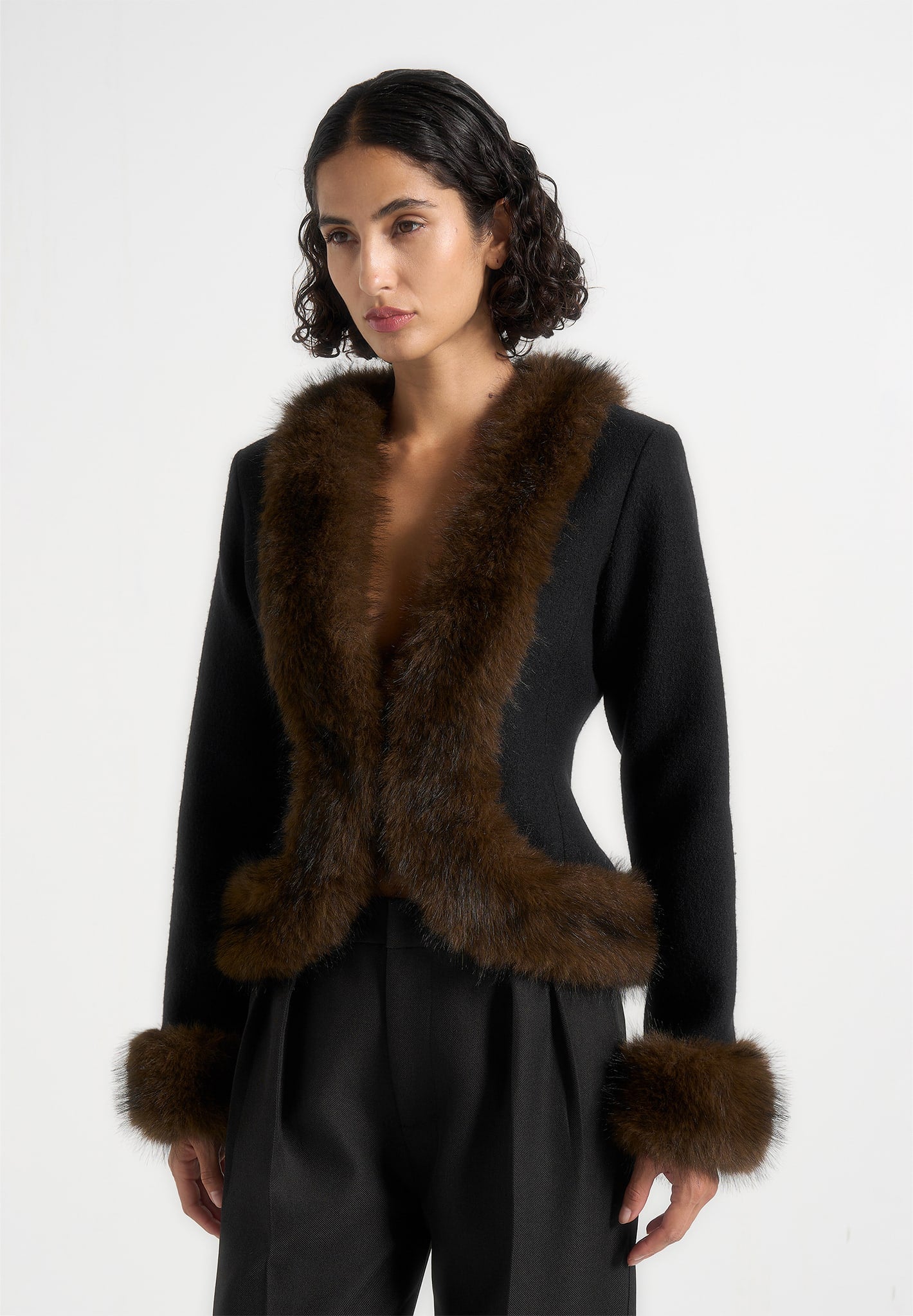 Lina - Sculpted Wool & Fur Trim Jacket - Black 