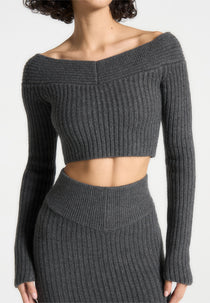 Off Shoulder Knit Crop Top - Grey Marl