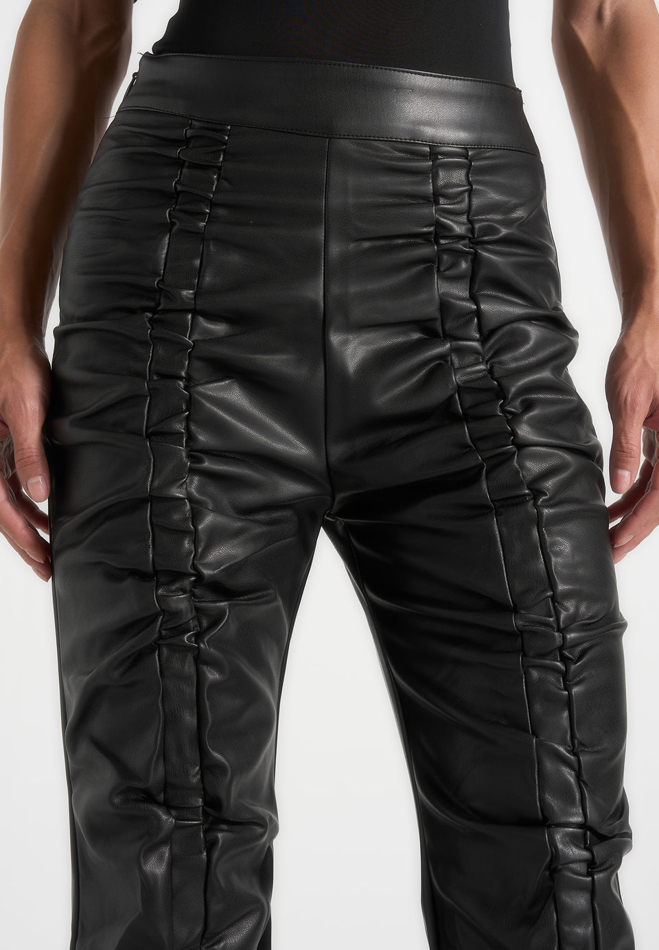 vegan-leather-ruched-trousers-black