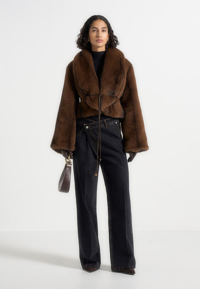 Nola - Fur Shawl Jacket with Leather Belt - Brown