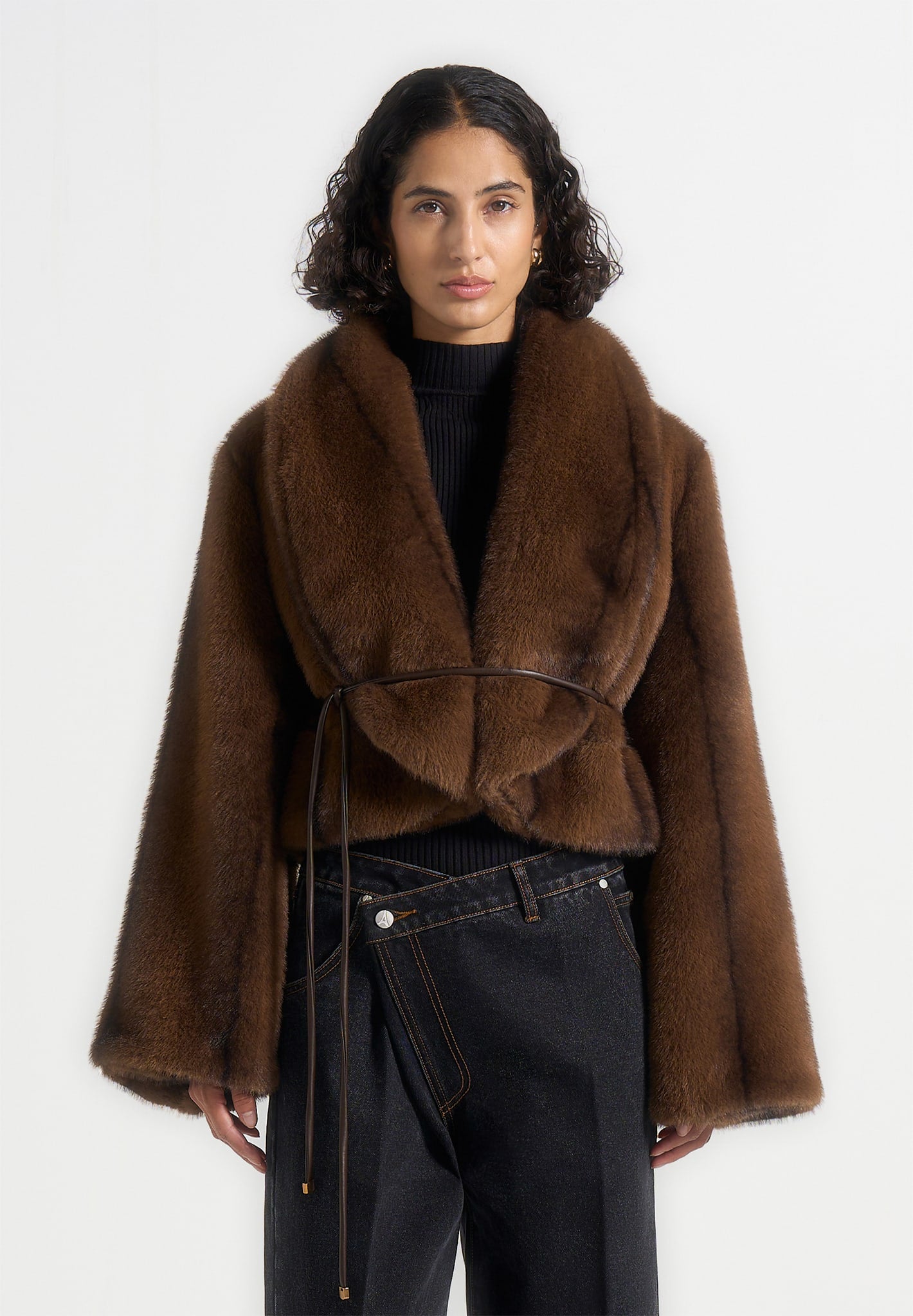 Nola - Fur Shawl Jacket with Leather Belt - Brown 