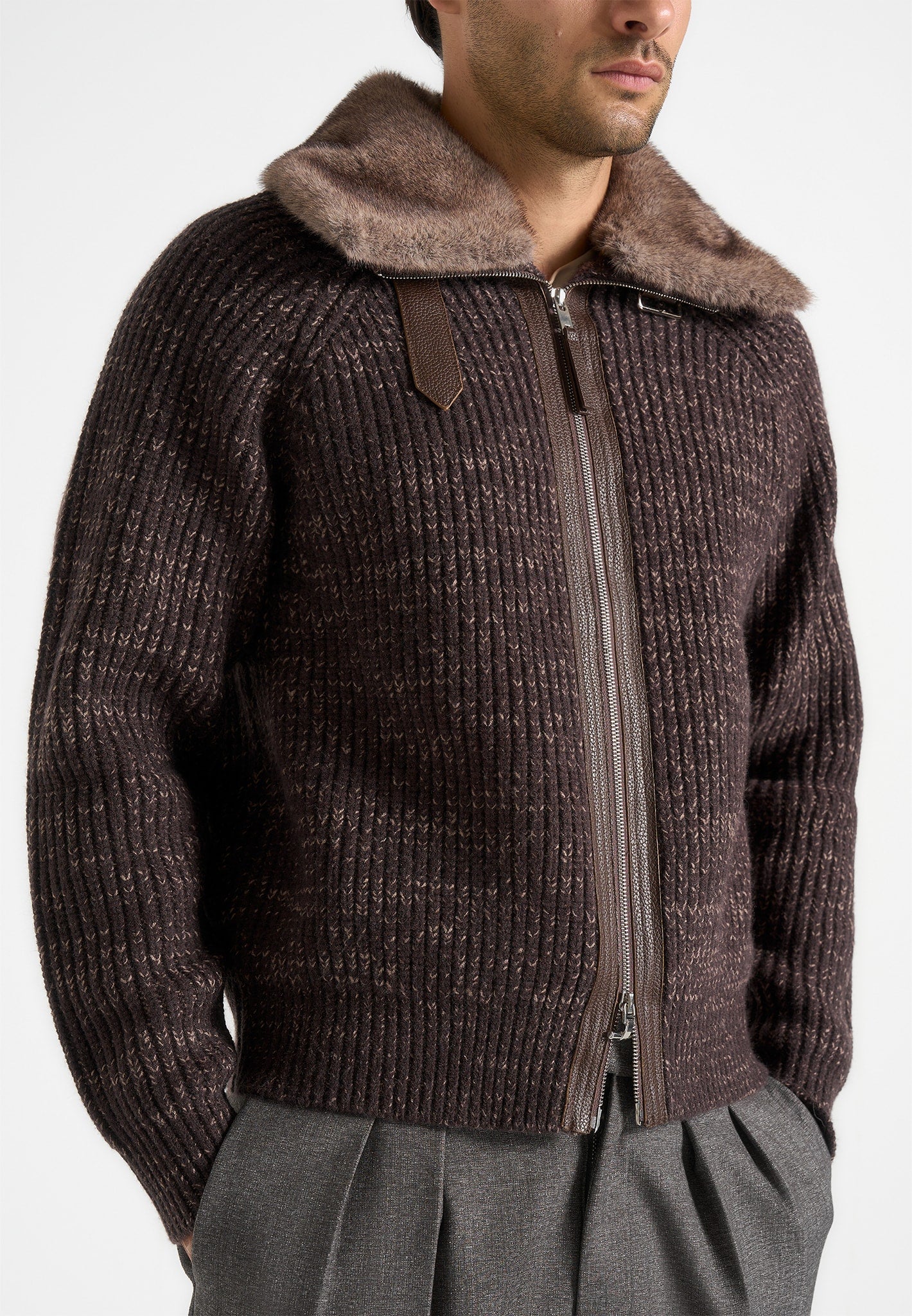 Ariel - Unisex Plush Collar Speckled Knit Jacket - Brown