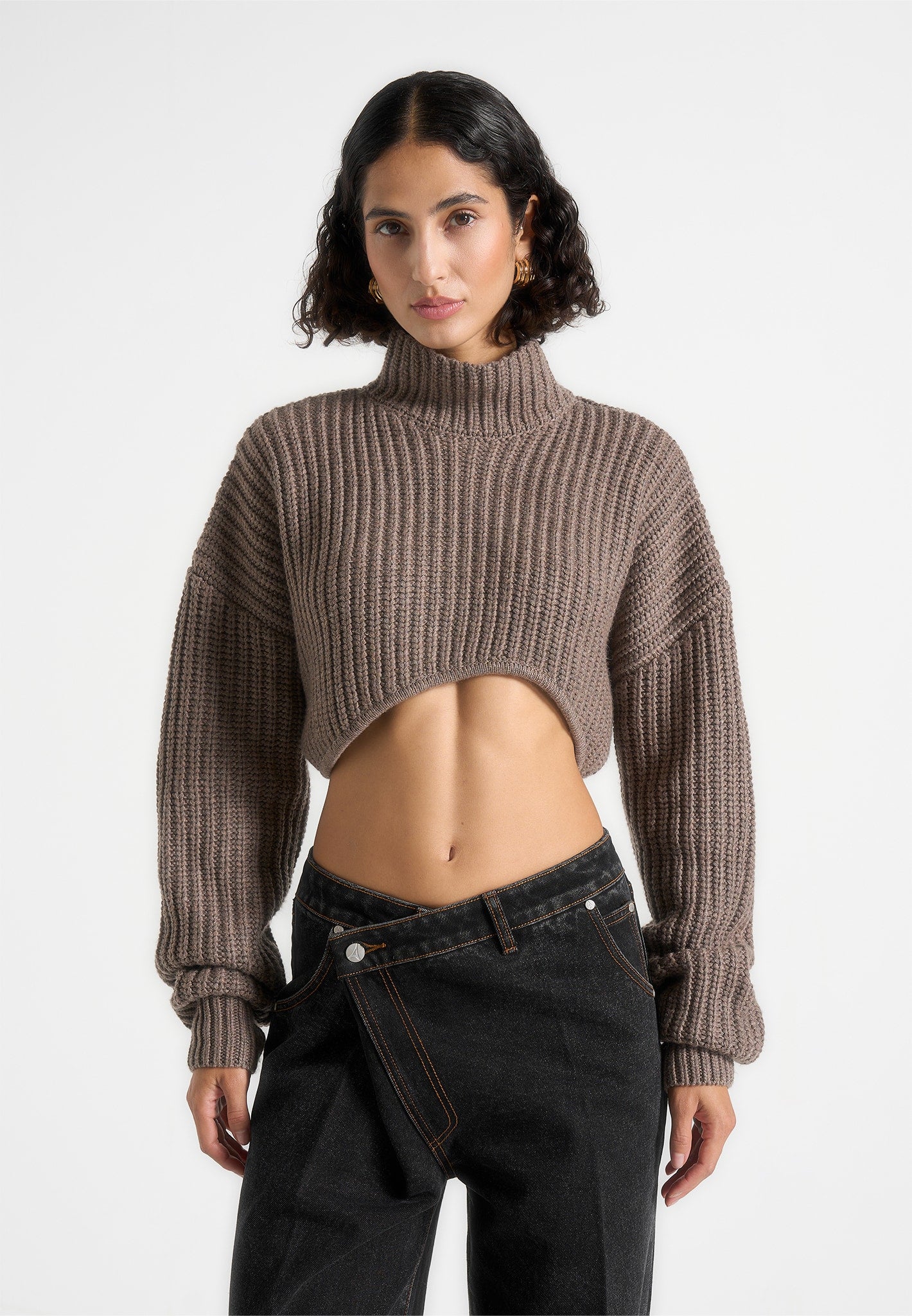 Olia - Curved Hem Knitted Jumper - Taupe