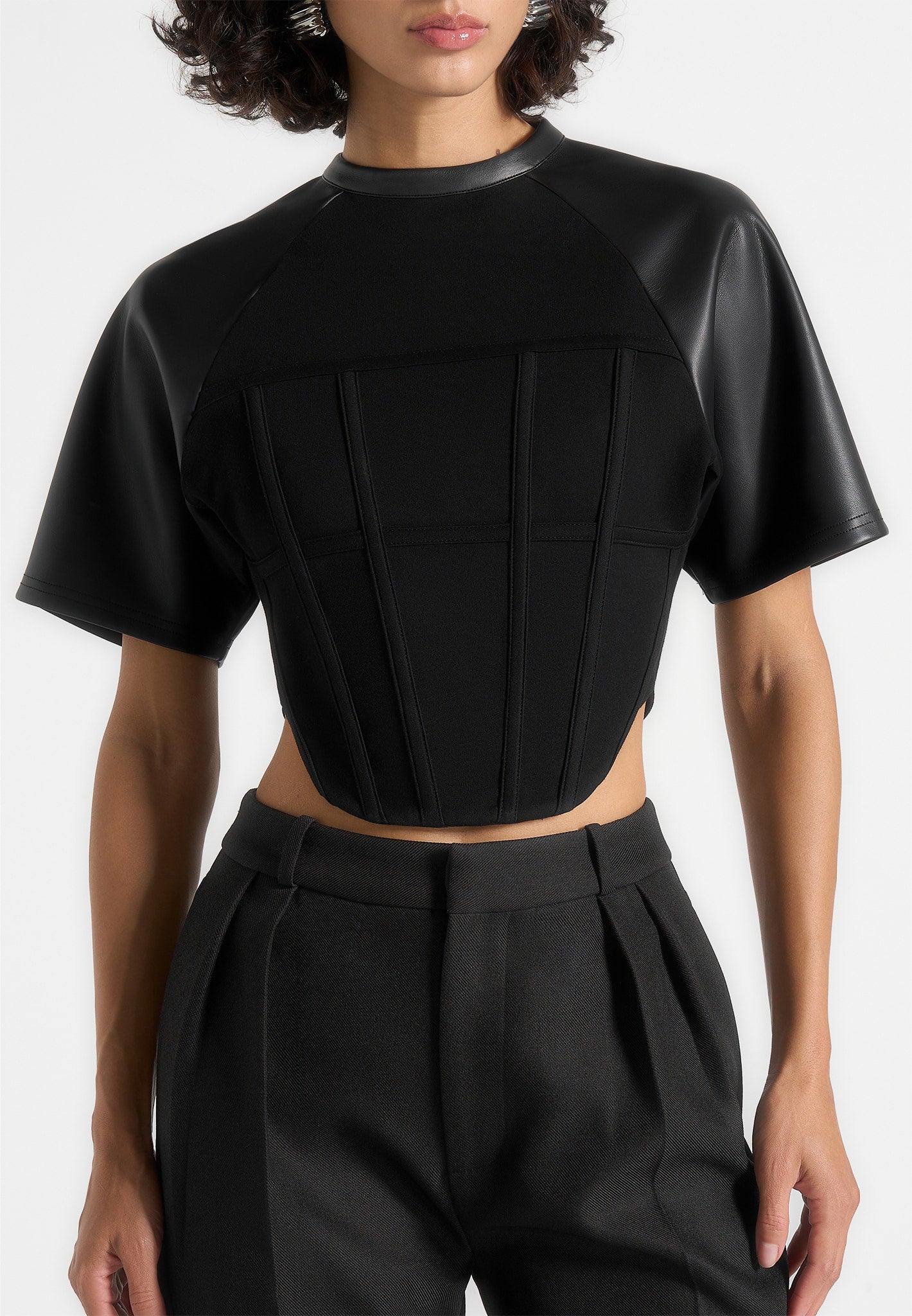 Juline - Leather Corset T-Shirt - Black