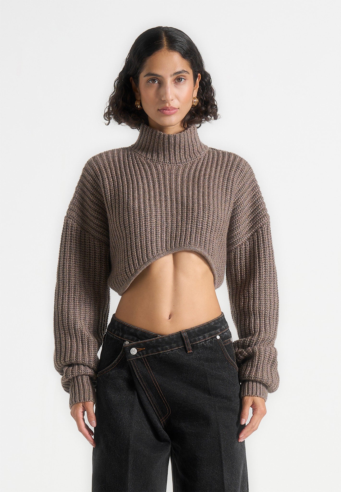 Olia - Curved Hem Knitted Jumper - Taupe
