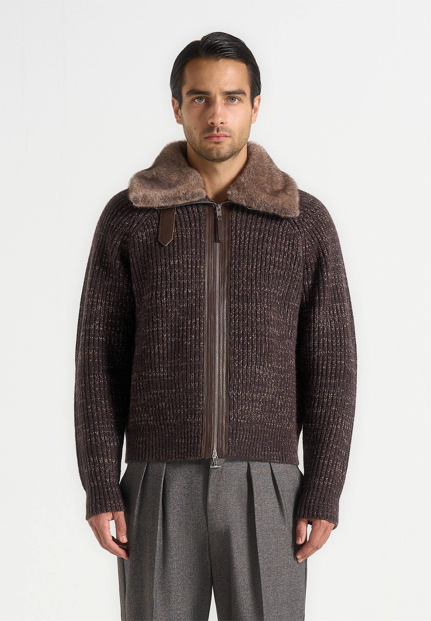 Ariel - Unisex Plush Collar Speckled Knit Jacket - Brown