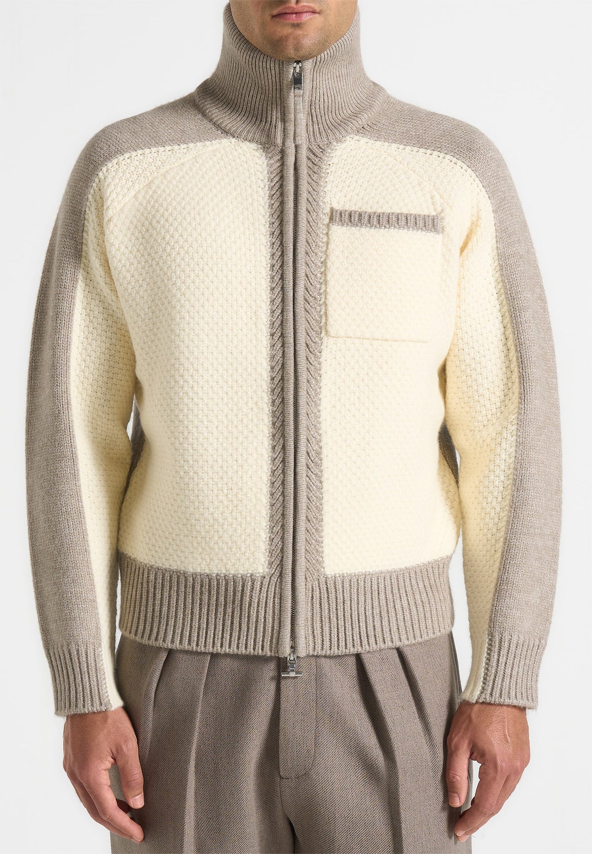 Rene - Colour Block Zip Through Cardigan - Cream/Beige