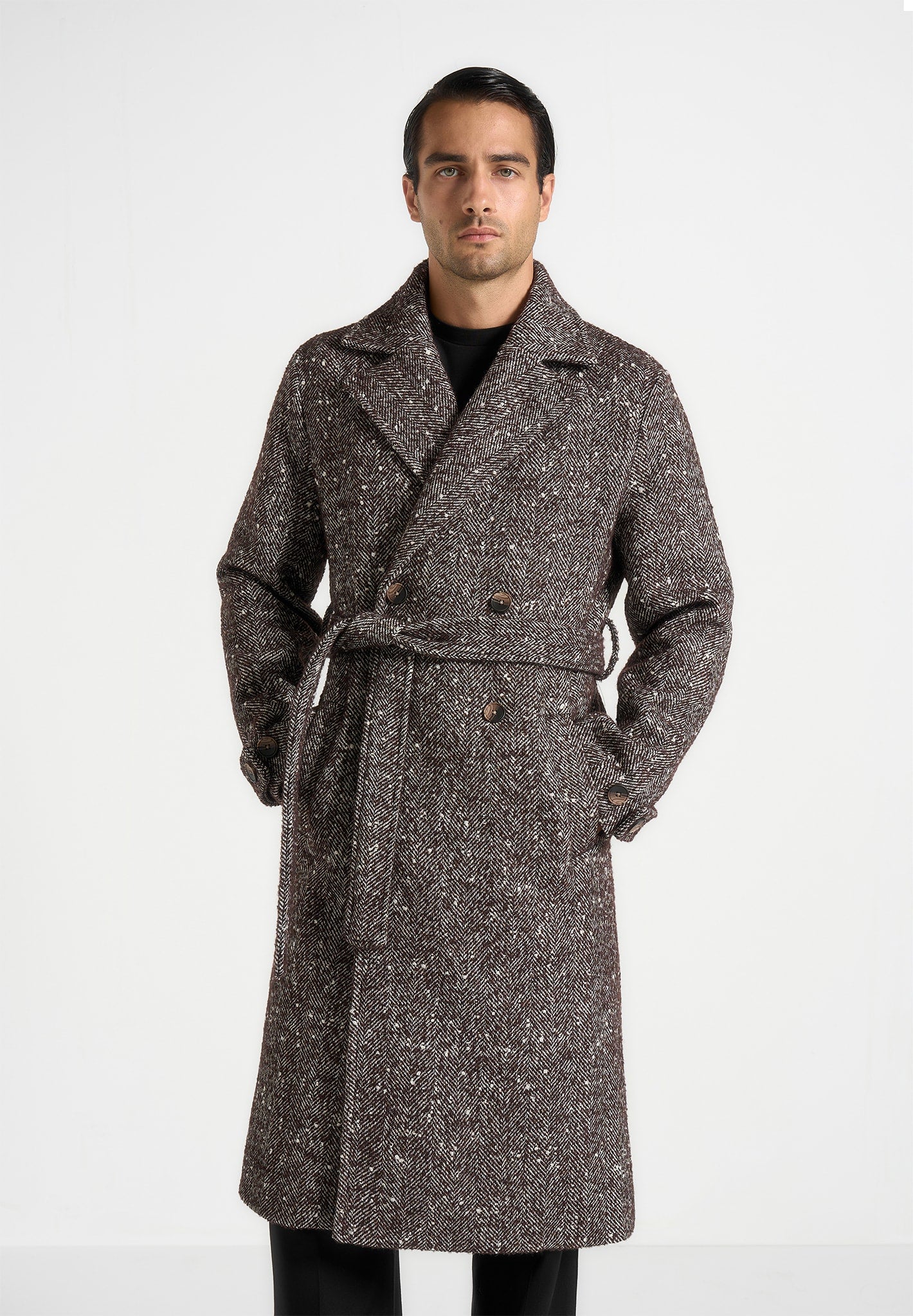 Ben - Herringbone Double Breasted Belted Coat - Brown