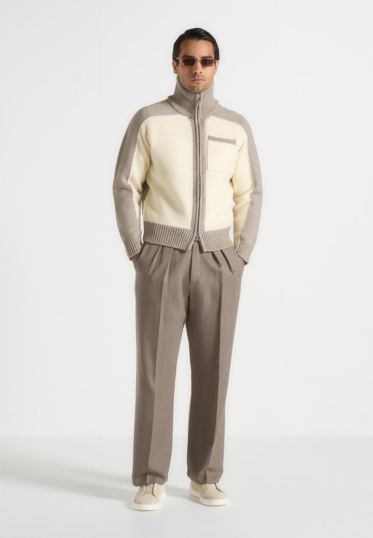 Rene - Colour Block Zip Through Cardigan - Cream/Beige