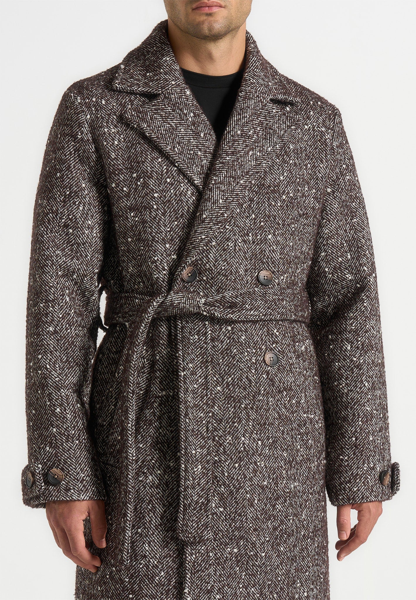 Ben - Herringbone Double Breasted Belted Coat - Brown