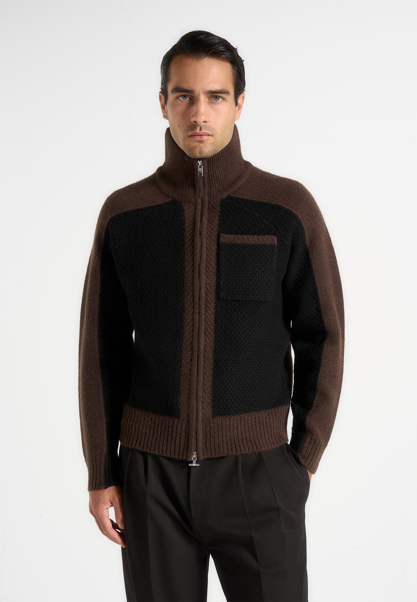René - Colour Block Zip Through Cardigan - Black/Brown 