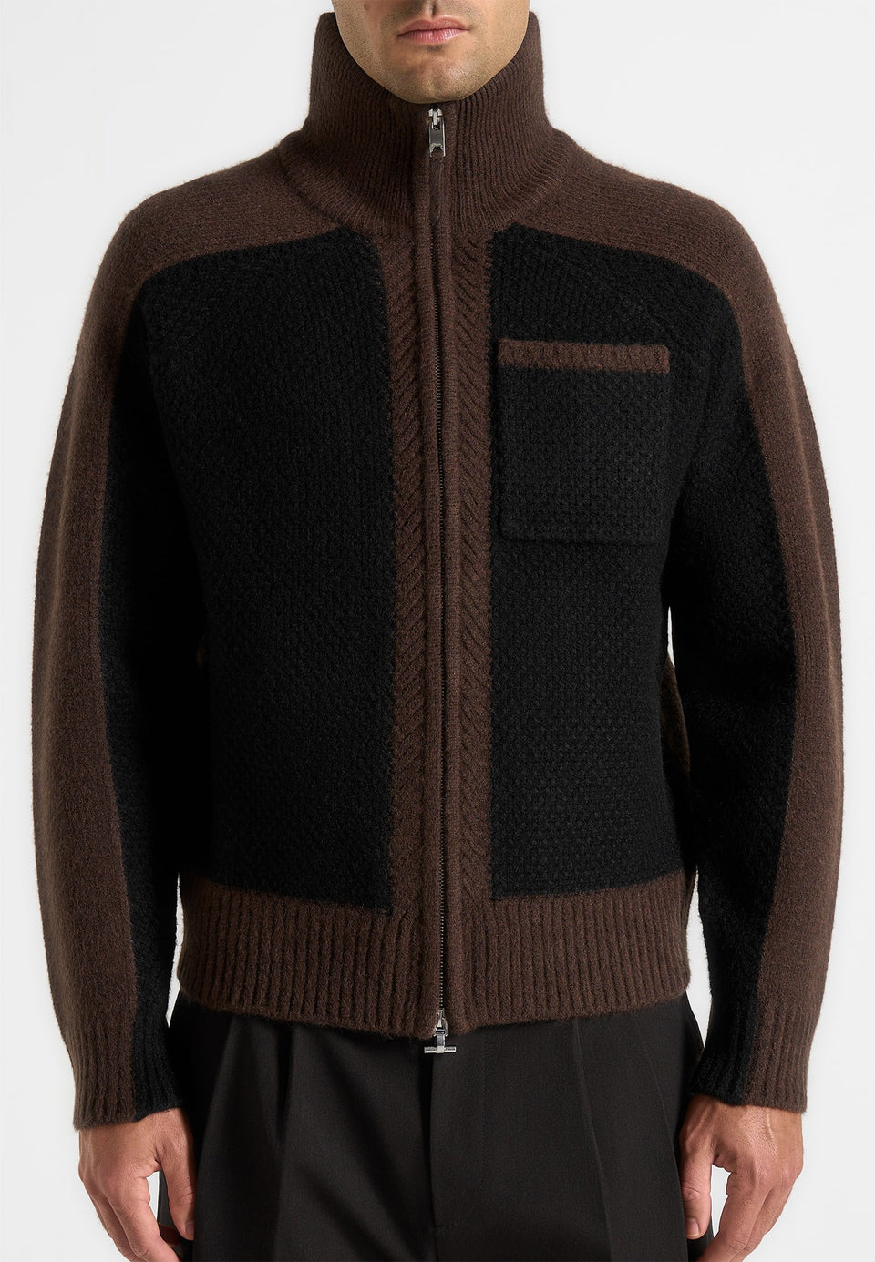 rene-colour-block-zip-through-cardigan-black-brown