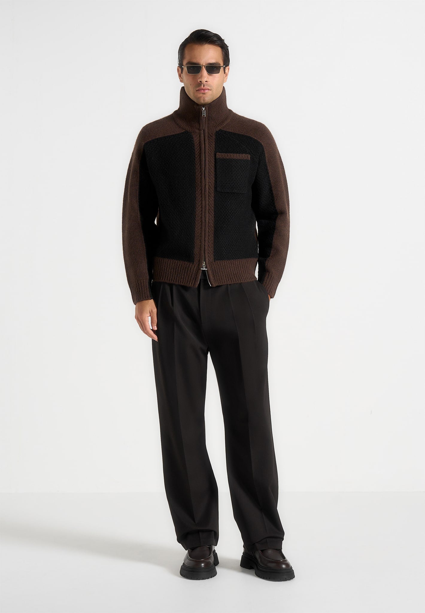 René - Colour Block Zip Through Cardigan - Black/Brown 