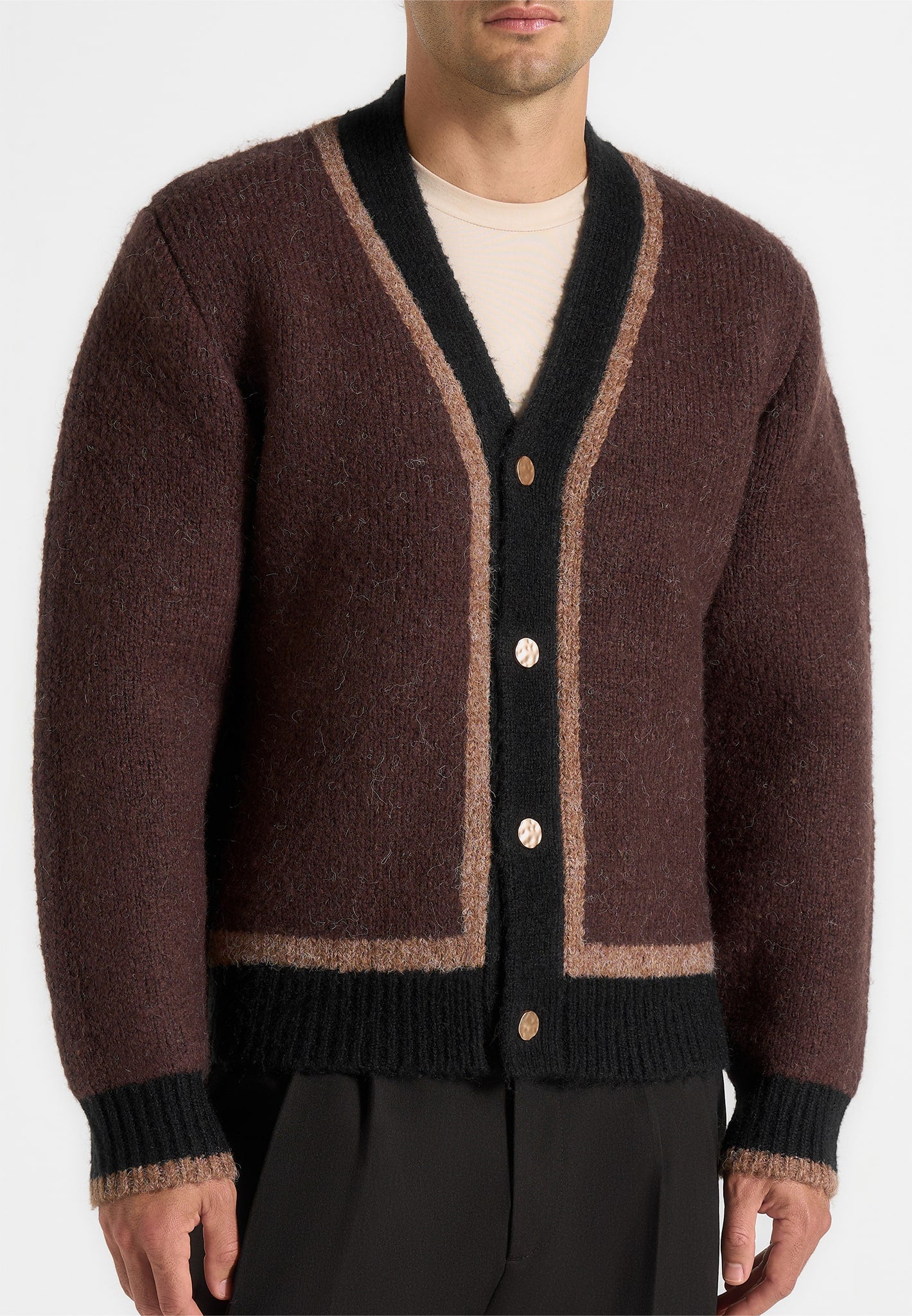Elon - Wool Knit Contrast Cardigan - Brown 