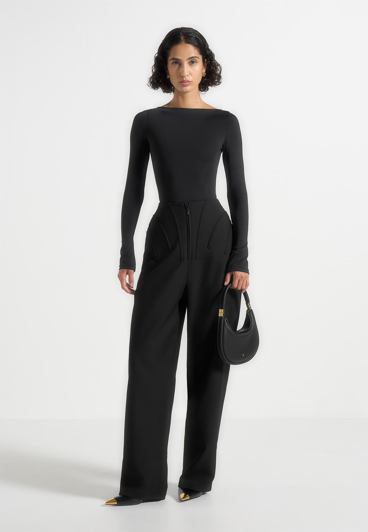 Rena - High Waisted Corset Sculptural Trousers - Black