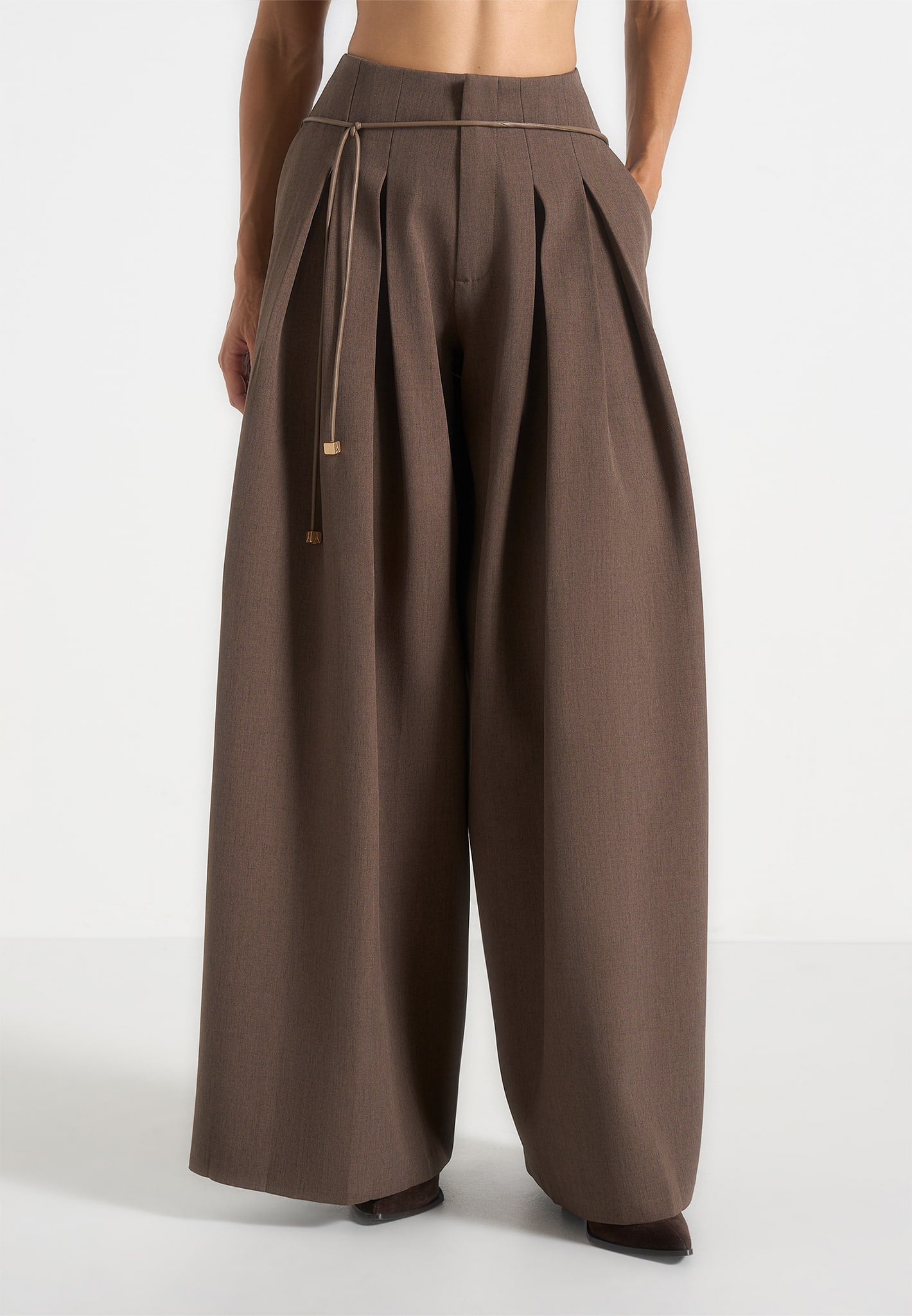 Flora - Box Pleat Wide Leg Belted Trousers - Brown