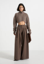 Flora - Box Pleat Wide Leg Belted Trousers - Brown