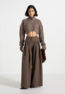 Flora - Box Pleat Wide Leg Belted Trousers - Brown
