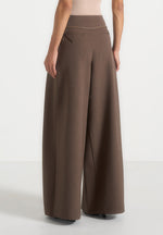 Flora - Box Pleat Wide Leg Belted Trousers - Brown