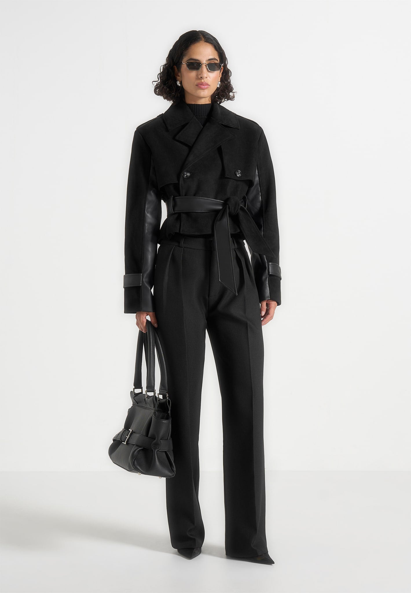 Lelia - Cropped Suede Trench Coat With Belt - Black 