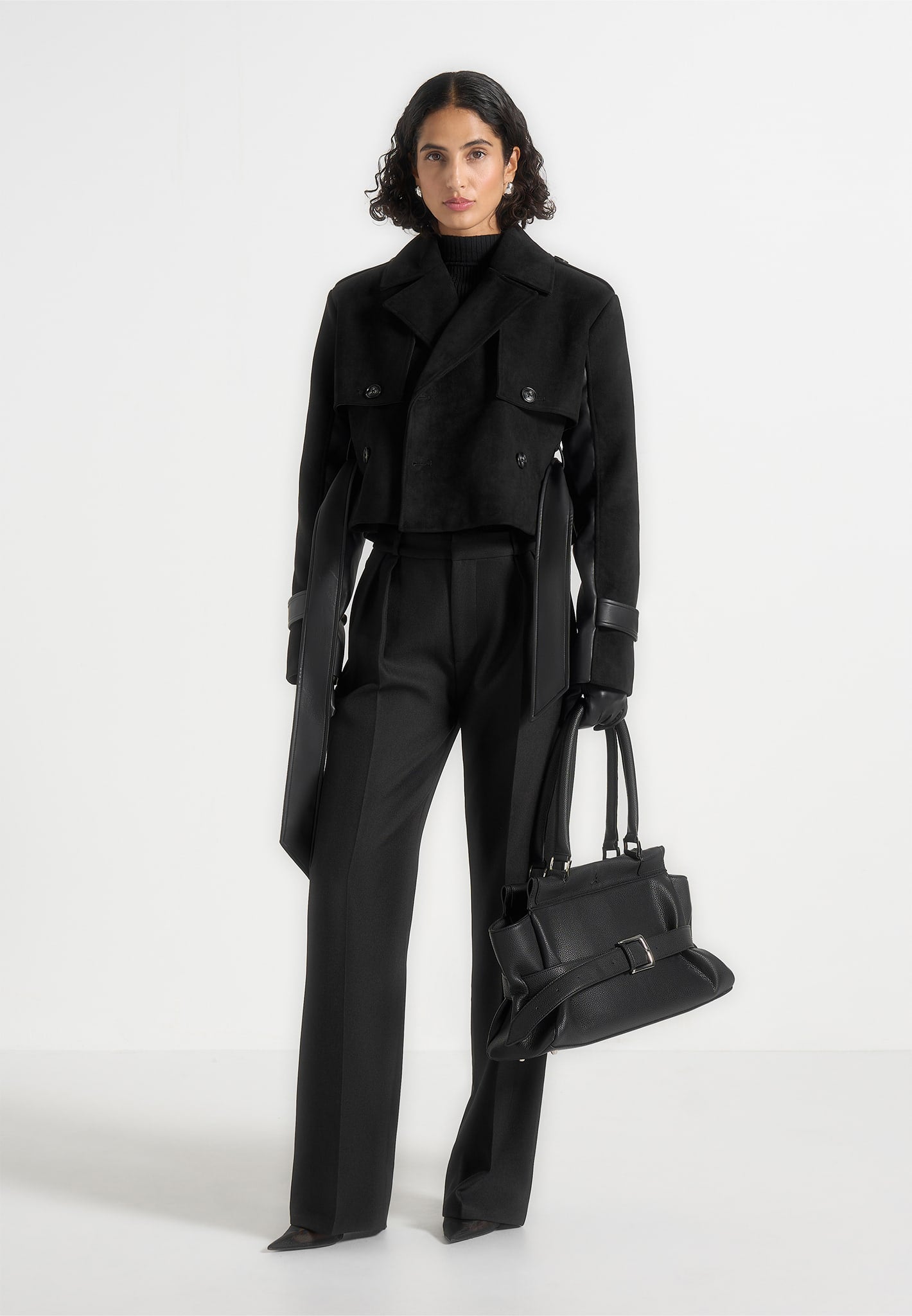 Lelia - Cropped Suede Trench Coat With Belt - Black
