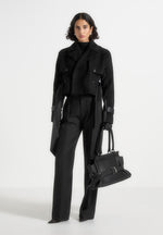 Lelia - Cropped Suede Trench Coat With Belt - Black