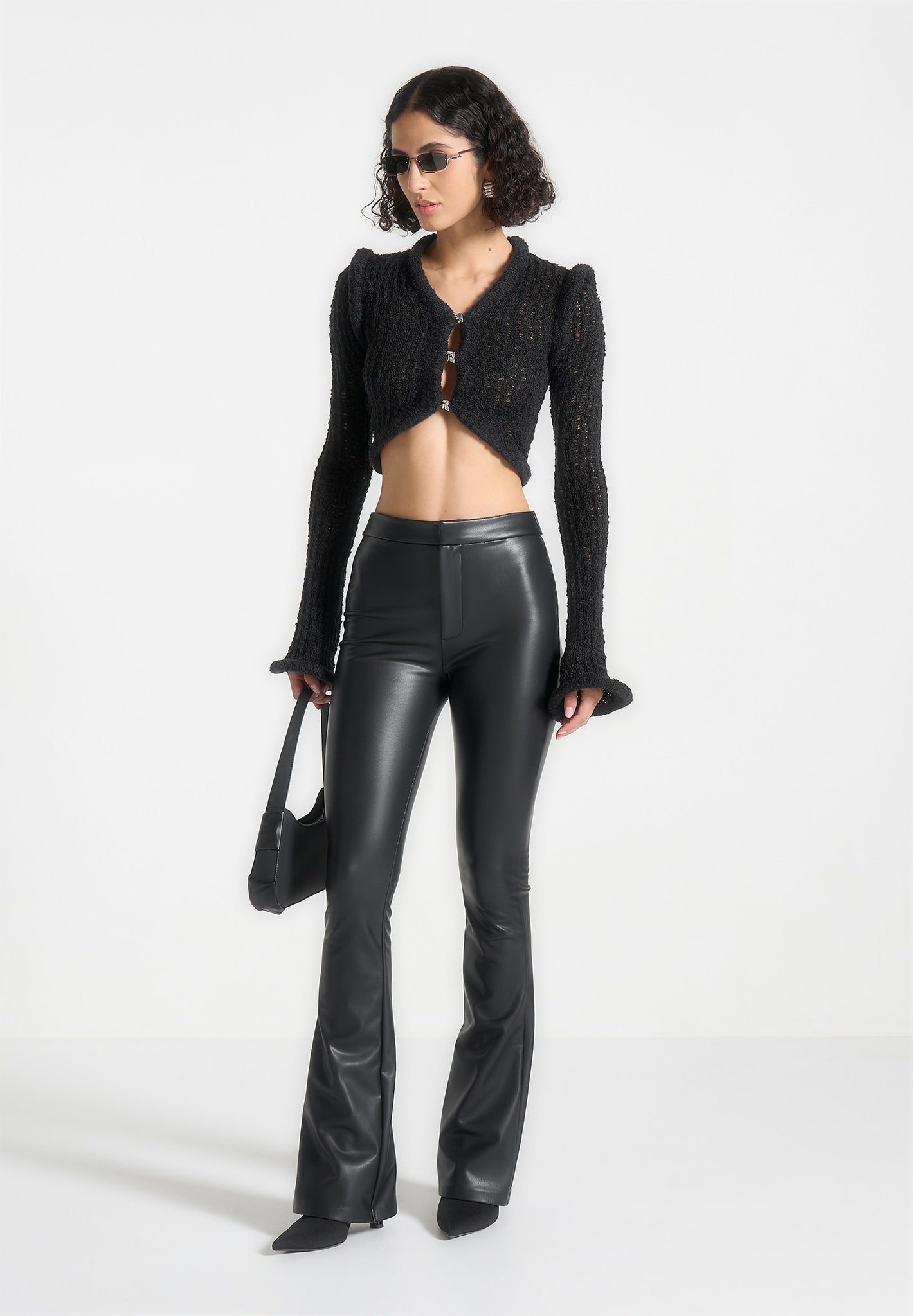 Flared Sleeve Textured Knit Cardigan - Black