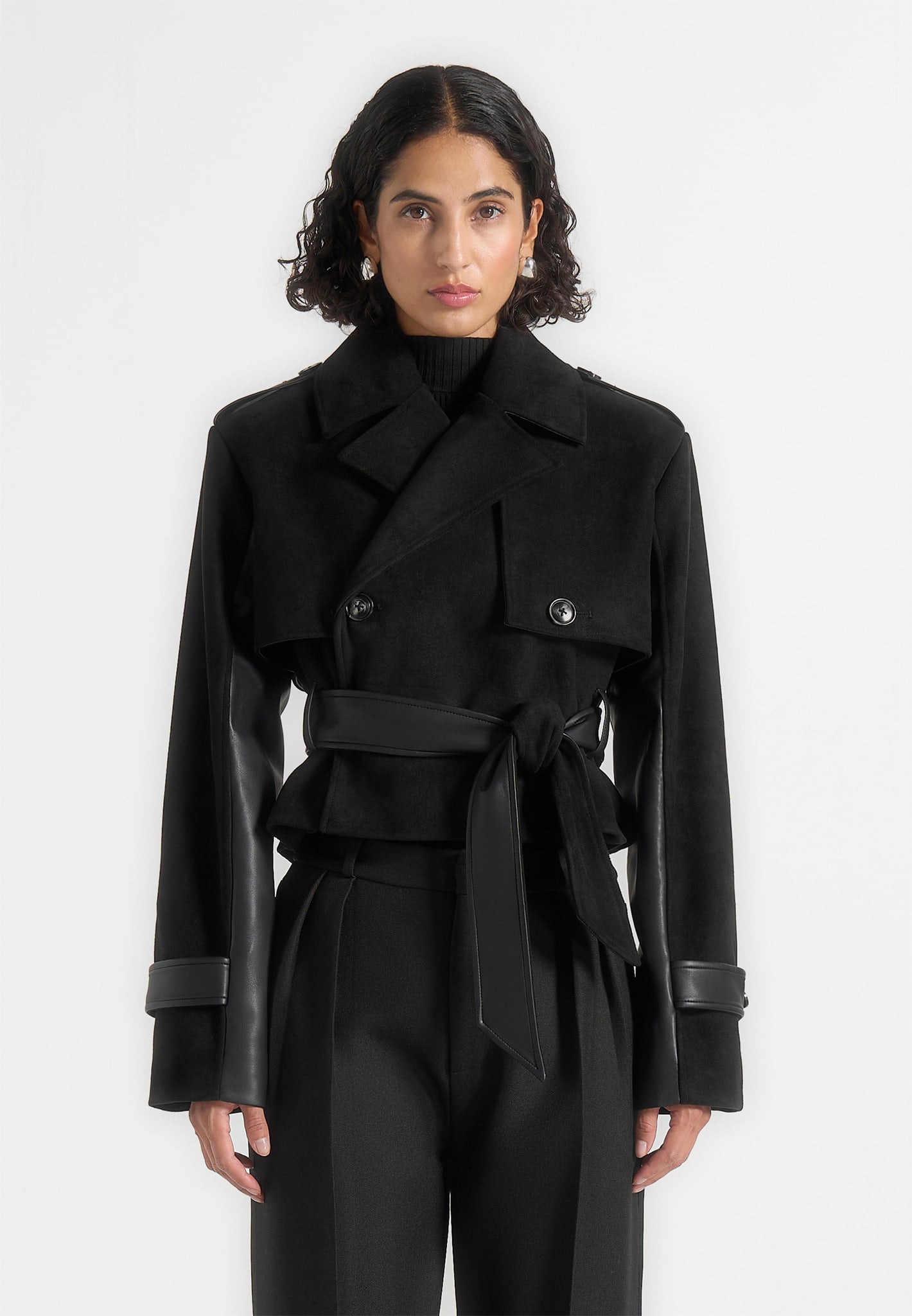Lelia - Cropped Suede Trench Coat With Belt - Black