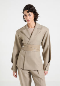 Marie - Twist Sleeve Tailored Blazer with Belt - Taupe