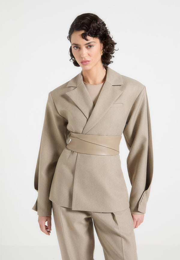 Marie - Twist Sleeve Tailored Blazer with Belt - Taupe