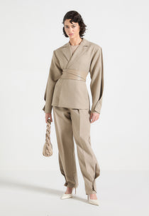 Marie - Twist Sleeve Tailored Blazer with Belt - Taupe