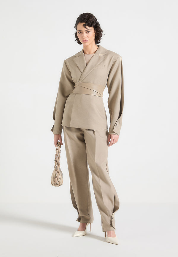Marie - Twist Sleeve Tailored Blazer with Belt - Taupe