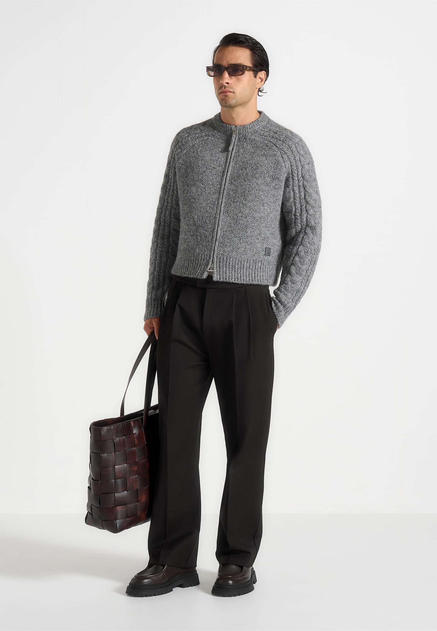 Gaby - Speckled Cable Knit Zip Cardigan - Grey 