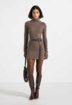 Kalia - Roll Neck Knitted Mini Dress With Belt - Taupe