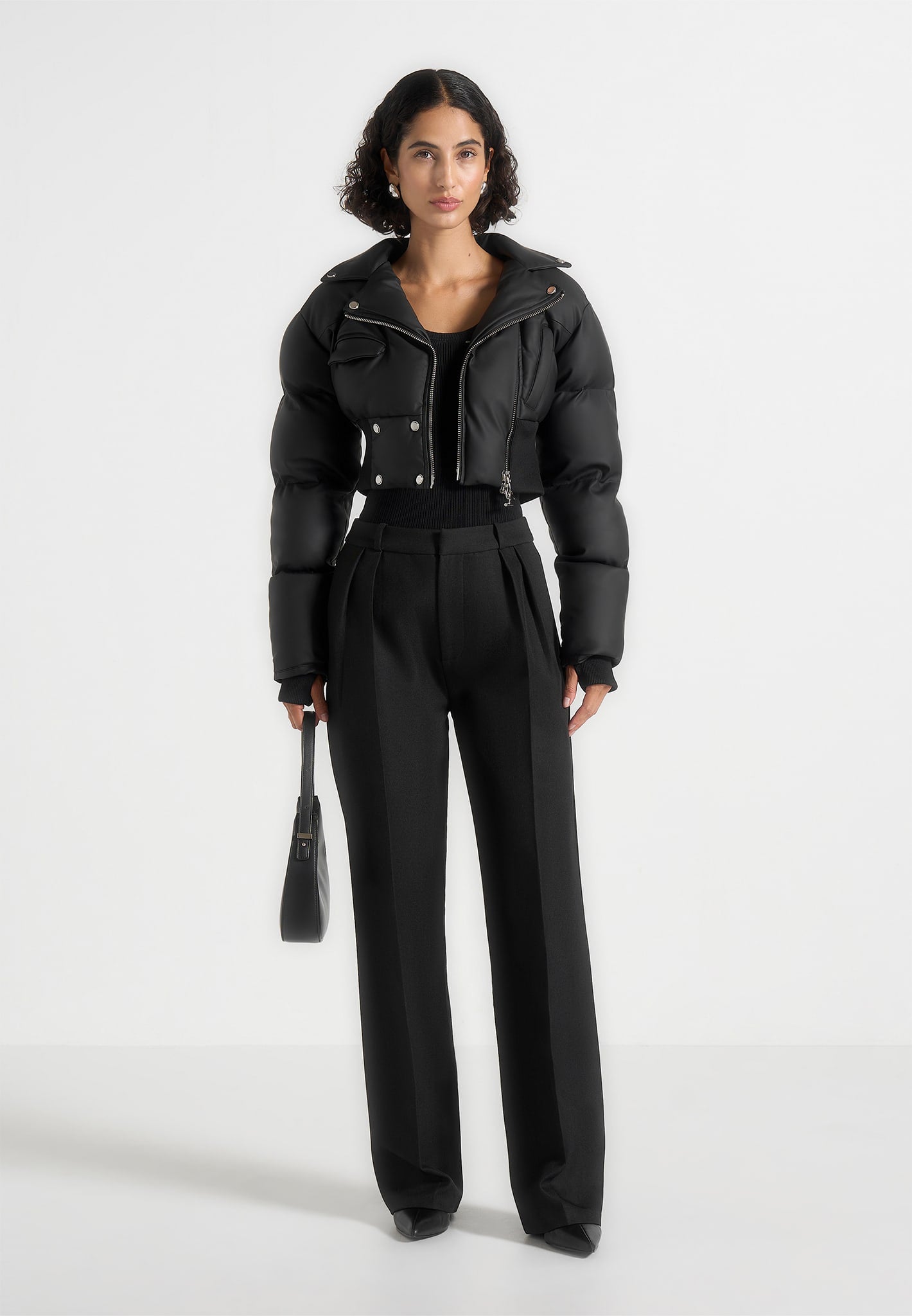 Dalya - Matte Cropped Biker Puffer Jacket - Black 
