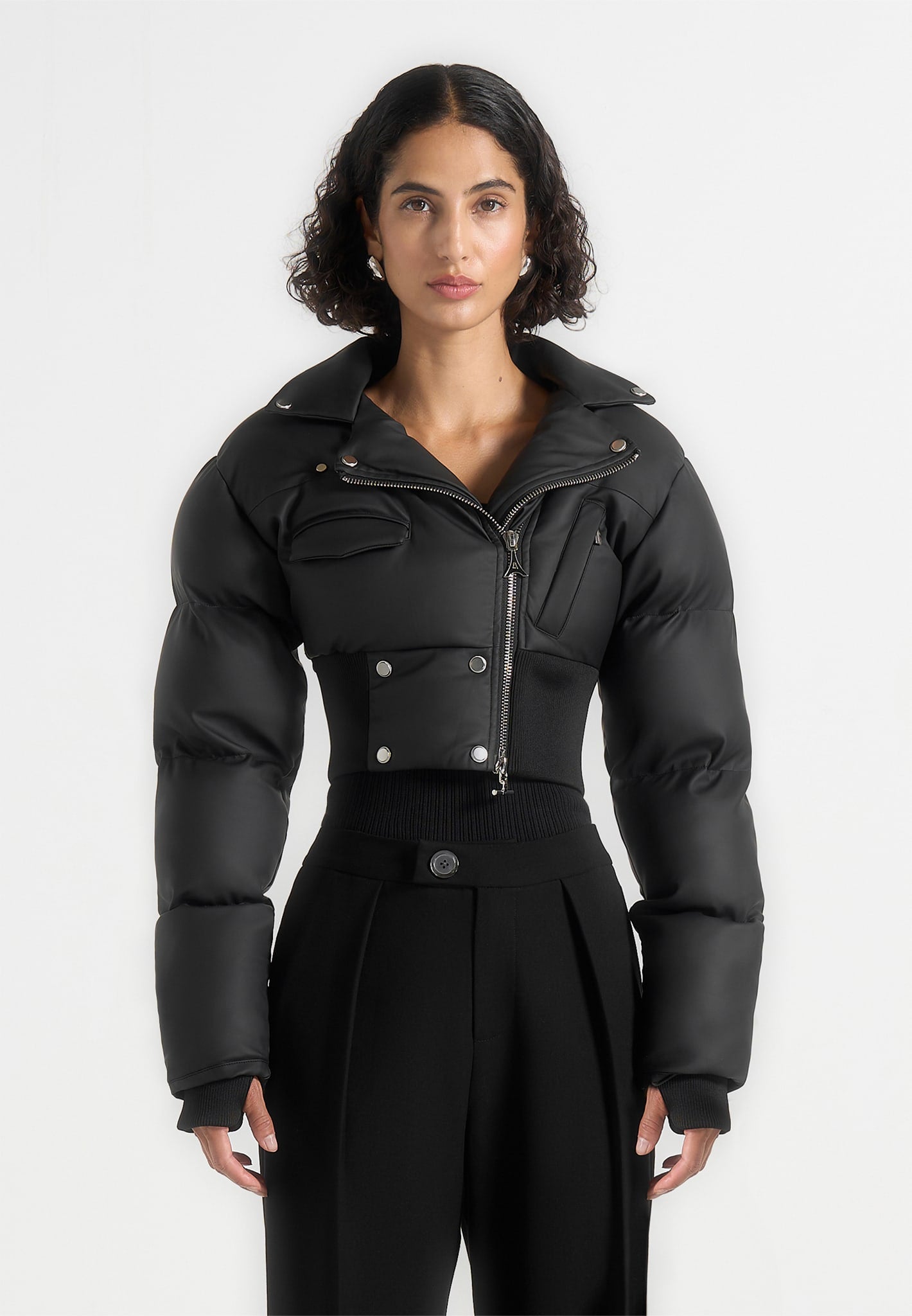 Dalya - Matte Cropped Biker Puffer Jacket - Black 