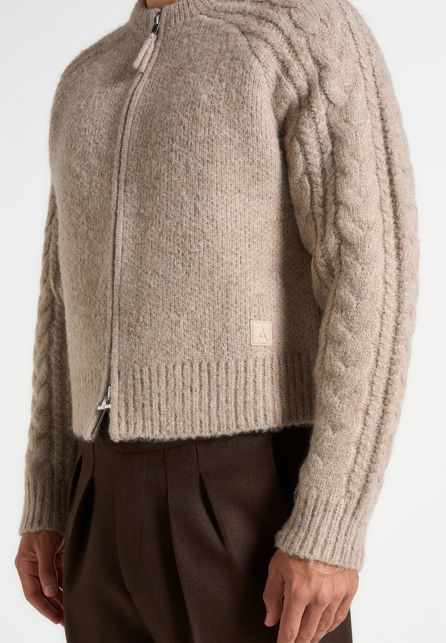 Gaby - Speckled Cable Knit Zip Cardigan - Beige 