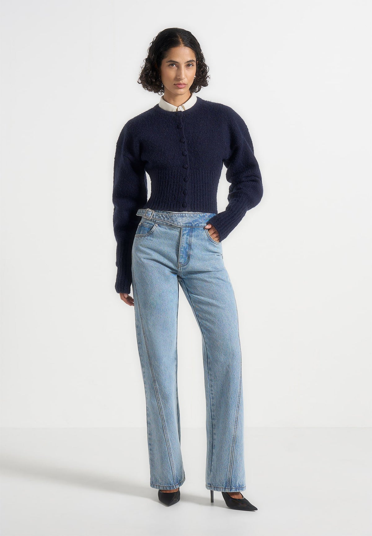 Mayla - Knitted Cinch Waist Cardigan - Navy