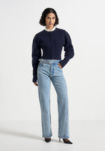 Mayla - Knitted Cinch Waist Cardigan - Navy