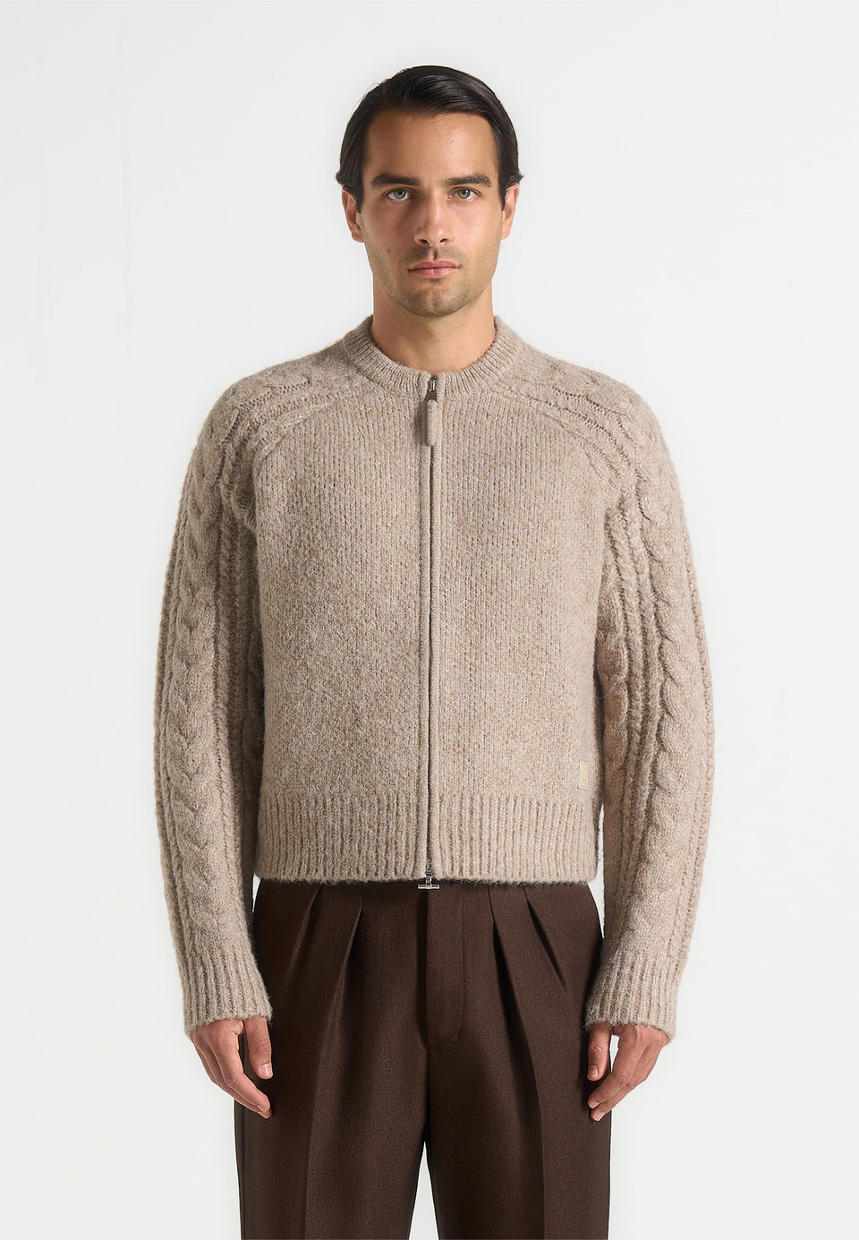 gaby-speckled-cable-knit-zip-cardigan-beige